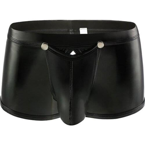 PU Leather Button Open Crotch Mens Boxer Shorts Jock Strap Open Butt Latex Boxershorts Bugle Pouch Underwear Gay Panties 2XL