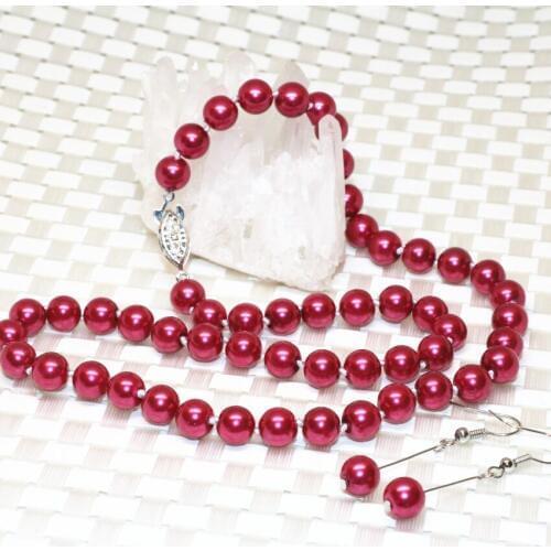 Exquisite Dark Red New Fashion Simulated-pearl Shell 8mm Round Beads Necklace Earrings for Women Charms Jewelry 18inch B2358