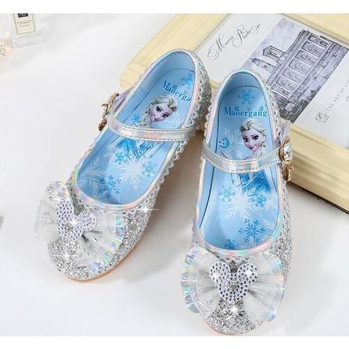 Disney frozen girls leather shoes soft sole elsa princess shoes sequins pearl baby shoes fashion show single casual sneakers