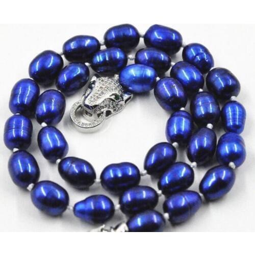 Beautiful NEW REAL 7-9mm freshwater Cultured Blue Pearl Necklace 18"leopard Clasp
