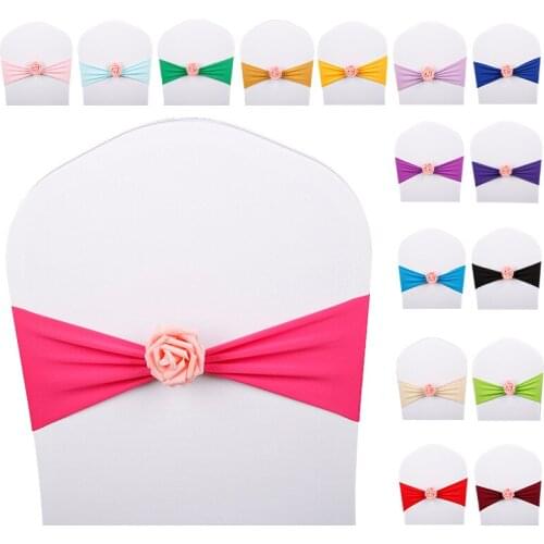 1pc Stretch Chair Bands With Artificial Rose For Wedding Banquet Meeting Decoration Beautiful Chair Sashes Bow Wholesale Support