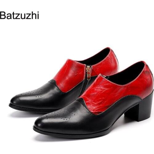 Batzuzhi Japanese Style Fashion Mens Shoes Zip Soft Leather Dress Shoes Men Black Red 7cm High Heels Party and Wedding Zapatos