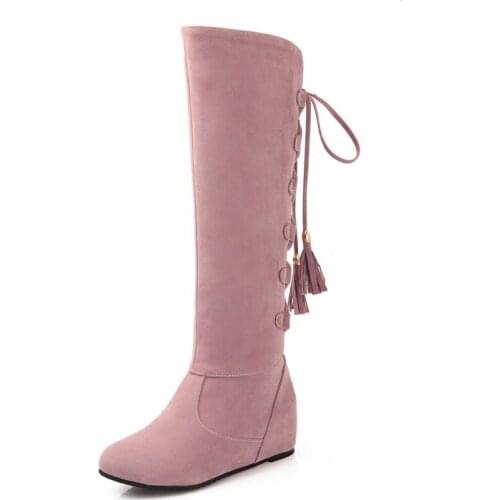 Original Intention Fashion Women Knee High Boots Round Toe Height Increasing Boots Brown Blue Pink Yellow Shoes Woman Big Size
