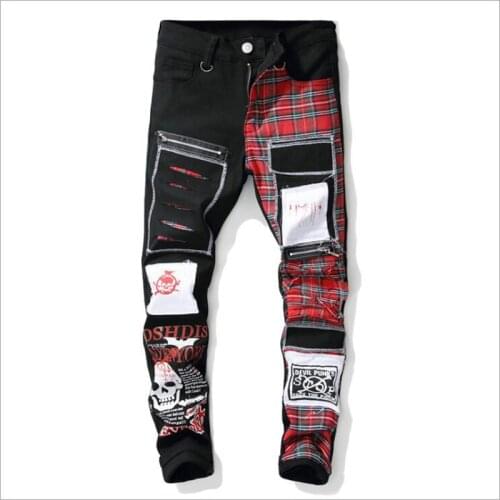 2020 New Mens Skull Printed Scottish Plaid Patchwork Peans Trendy Patches Design Black Ripped Distressed Denim Long Pants