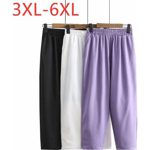 New 2021 Ladies Summer Plus Size Cropped Haren Pants For Women Loose Casual Purple White Chiffon Trousers 3XL 4XL 5XL 6XL
