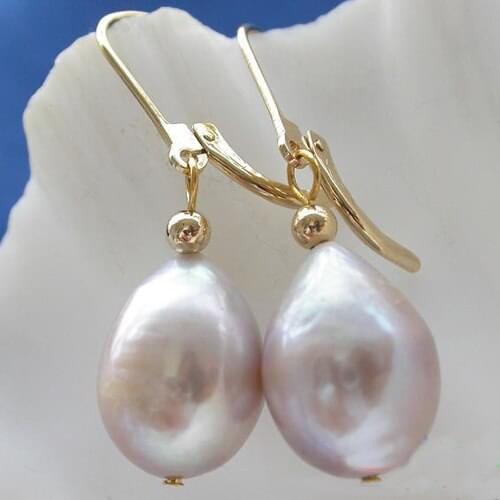 New Favorite Pearl Jewelry Huge 15mm Lavender Drip Genuine Freshwater Pearl 14k/20 Dangle Earrings Charming Lady Gift