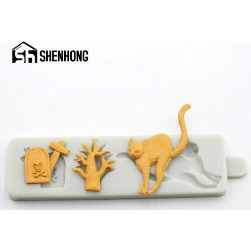 SHENHONG Black Cat Witch Sugar Craft Silicone Fondant Cake Mold Halloween Tombstone Biscuits Chocolate Candy Decorating Mould