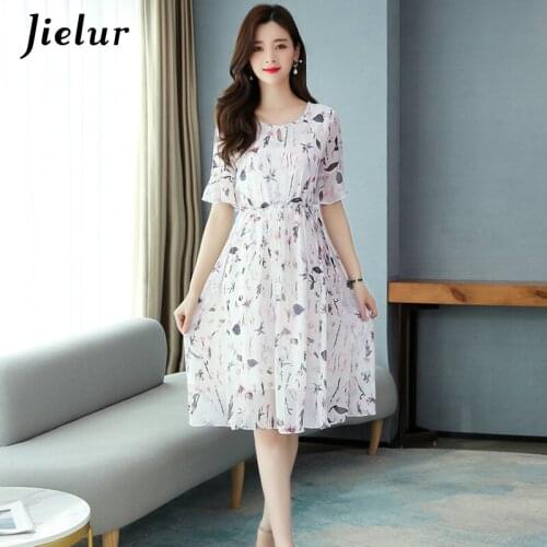 Jielur Chiffon Summer Dress Short Sleeve Elastic Waist Elegant Vestidos Robe Femme Slim A-line Women Dress Chic Print Dresses