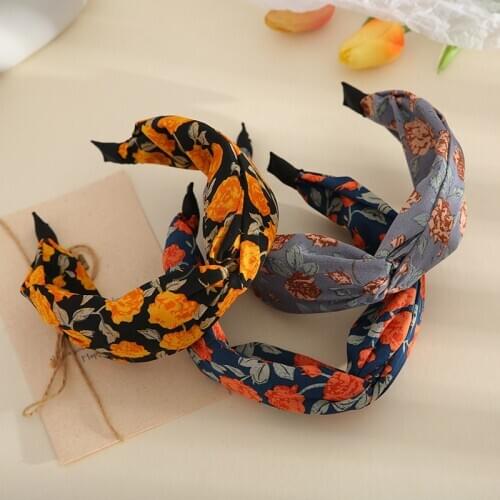 Vintage Floral Hair Headband for Women Pressing Hair Band Fabric Knotted Wide Hairbands