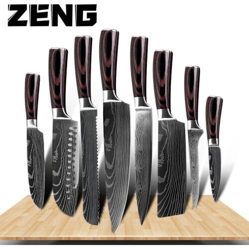 ZENG 8"inch Japanese Kitchen Knives Laser Damascus Pattern Chef Knife Sharp Santoku Cleaver Slicing Utility Knives Tool