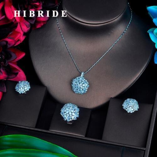 HIBRIDE Sparkling Cubic Zirconia Jewelry Set For Women White Gold Color Necklace Earring Ring Jewelry Set Party Gifts N-512
