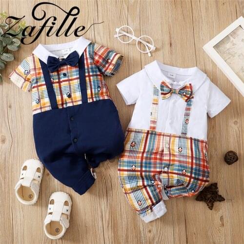 ZAFILLE Turn-Down Collar Gentleman Jumpsuit For Kids Mens Baby Clothes Plaid Baby Boys Romper with Necktie Toddler Boy Clothes