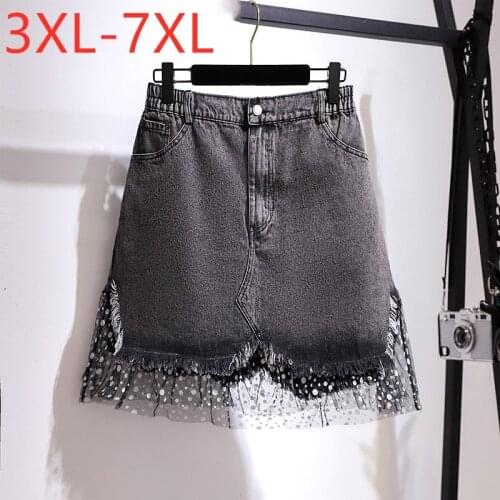 New 2021 Ladies Spring Summer Plus Size Denim Mini Skirt For Women Large A-line Cotton Gray Lace Skirts 3XL 4XL 5XL 6XL 7XL