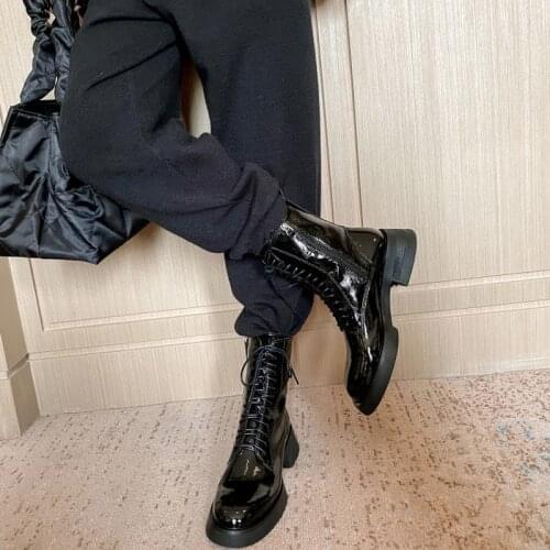 Genuine Leather Women Boots Chunky Heels Ankle Botas Mujer Lace-up Ladies Short Booties Zipper Side Cowboy Boots Platform Shoes