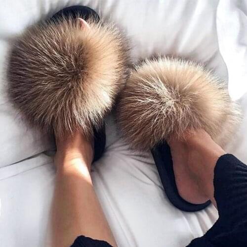 Ethel Anderson NEW Fuzzy Fox fur Slippers Flip Flop Women Fur Slides Furry Fluffy Plush Designer Slippers Summer Fluffy Slides