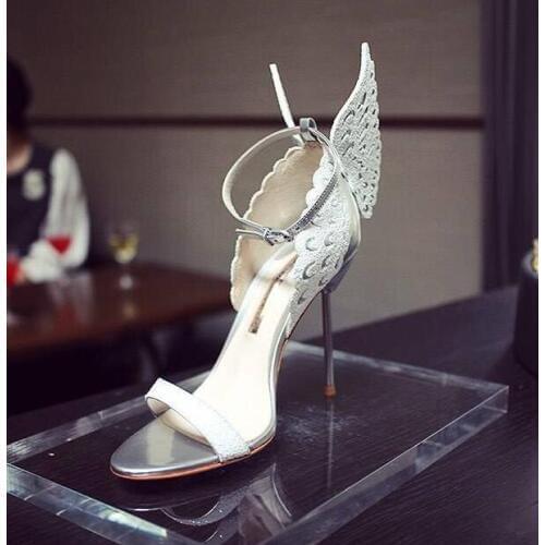 Top Quality White Silver Butterfly Wing Bridal Sandal High Quality Stiletto Heel Metallic Toe Strap Summer Dress shoes woman Wom