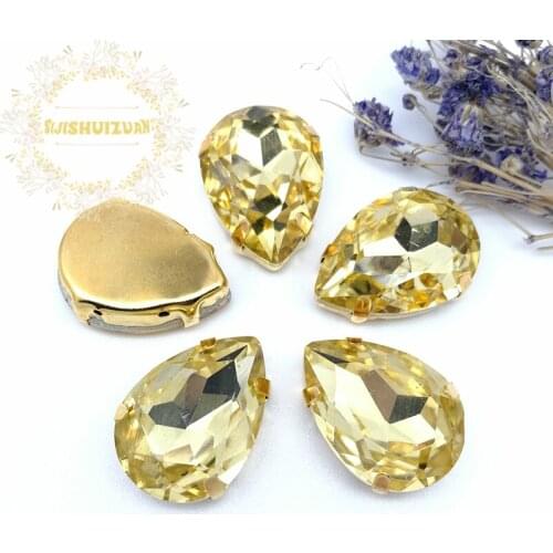 Golden yellow Water drop Glass Crystal sew on rhinestones with GOLD four claw Diy Clothing accessories Free shipping