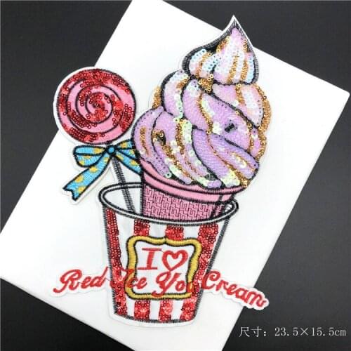 1Pc New Sequin Ice Cream Large DIY Patch Back Adhesive Embroidery Cloth Jacket Sweater Garnish