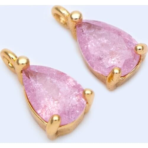 10pcs CZ Paved Teardrop Charms 8.5x5mm, Gold Plated Brass Mini Charms, Pink Water Drop Pendants (GB-812-4)