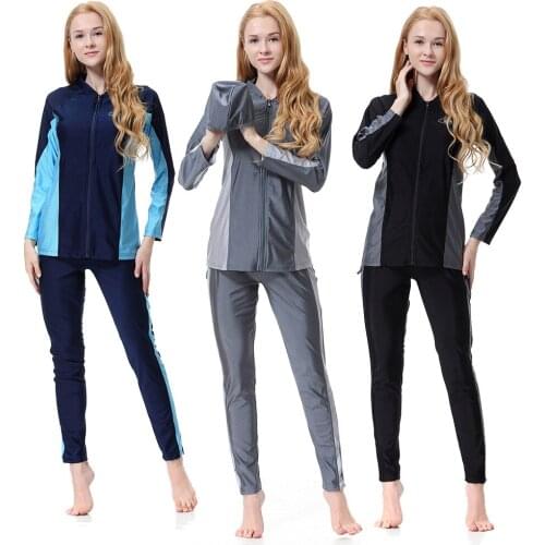 2021 Muslim Swimwear Women Modest Patchwork Hijab Long Sleeves Sport Swimsuit 3pcs Islamic Burkinis Wear Bathing Suit S-3XL