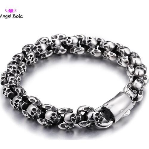 Punk 22.5cm Long Skull Bracelets for Men Stainless Steel Shiny Skull Charm Link Chain Buddha Brecelets Male Gothic Jewelry 2019