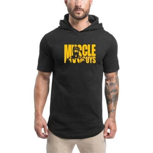 Bodybuilding Clothes Men T-shirt Hooded Gyms Sweatshirt Short Sleeve Tops Cotton Sportwear Fitness Pullover Muscle Tee Shirt