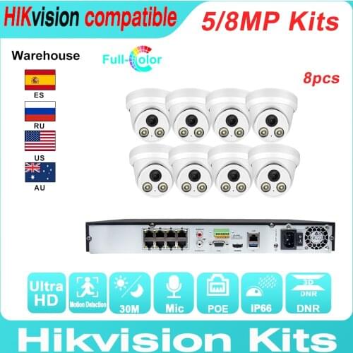Hikvision Compatible Kit IP Dome ColorVu Camera 5/8MP 8PCS Built-in Mic + Hikvision Original NVR DS-7608NI-K2/8P 4K CCTV System