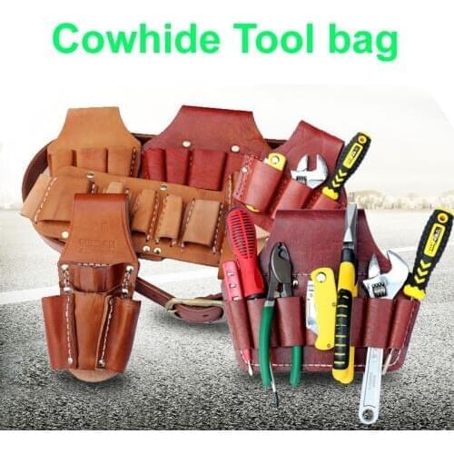Cow Lether Tool Bag Cowhide Pocket Multifunction Repair Waterproof Wearable Electrician Waist Hanging Pouch Belt Yellow No Tools