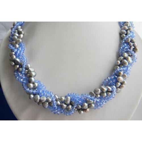 Beautiful 5Strands 17" Gray Baroque Freshwater Pearl Blue Faceted Crystal Necklace