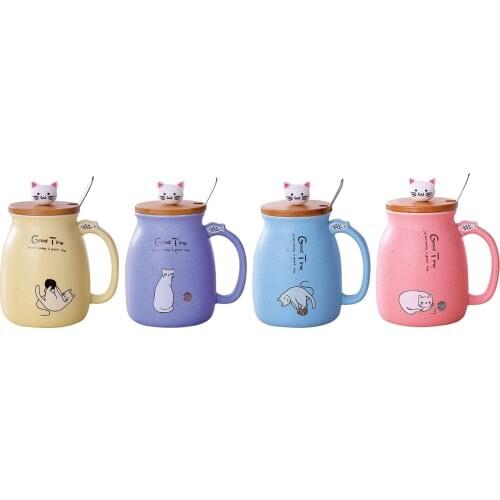 Cute Cat Ceramic Cup Hot Cold Tea Cup Milk Coffee Mug with Spoon Lid Pink