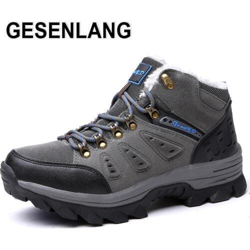 Mens Plus Fur Hiking Shoes Non-Slip Wearable Rubber Big Size High Top Outdoor Boots Climbing Trekking Shoes Man Winter Sneakers