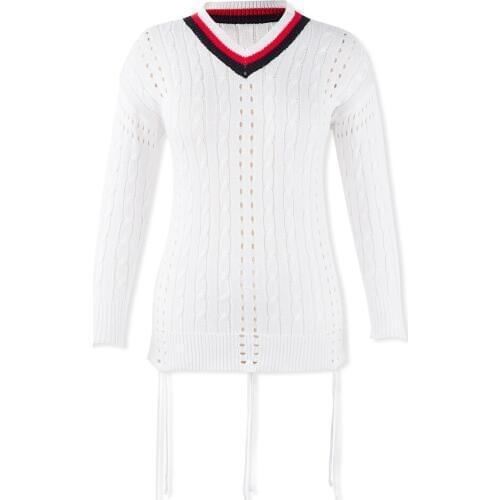 Neatie kiddie Fashion Women Stripe V-neck Autumn Sweater Pullovers Female Tops Long Sleeve Hollow Out Casual Jumper