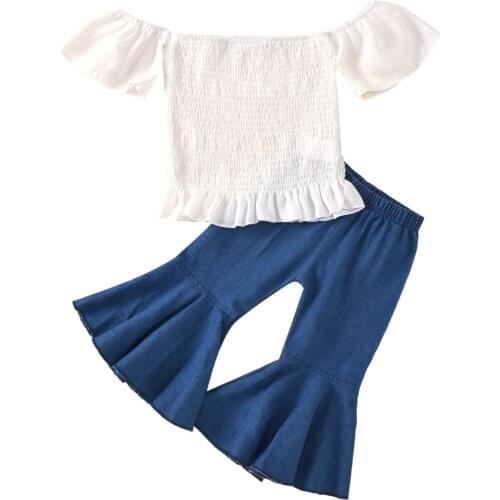 Oyolan Spring Summer Girls 2 Pcs Set Baby One Shoulder Ruffle Short Sleeves T Shirt+Flared Hem Jeans Kids Suits Children Clothes