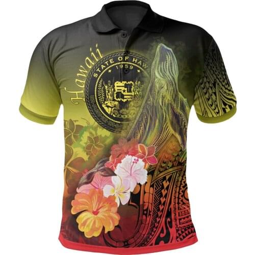 Polynesian Hawaii Polo Shirts Humpback Whale with Tropical Flowers Yellow Printed Men Women Short Sleeve T-shirt