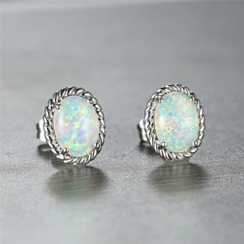 Cute Female White Blue Opal Earrings Rose Gold Silver Color Wedding Earrings Small Bridal Oval Stud Earrings For Women