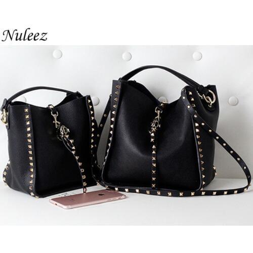 Nuleez Genuine Cowhide Leather Bag Women Two Straps Rivet Decoration Fashion Cool Big purse 2019 new