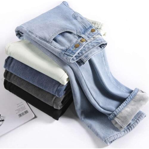Fleece Thicken Wide Leg Jeans Womens High Waist Fashion Office Long Straight Winter Pants Women Casual Warm Denim Jeans C7558