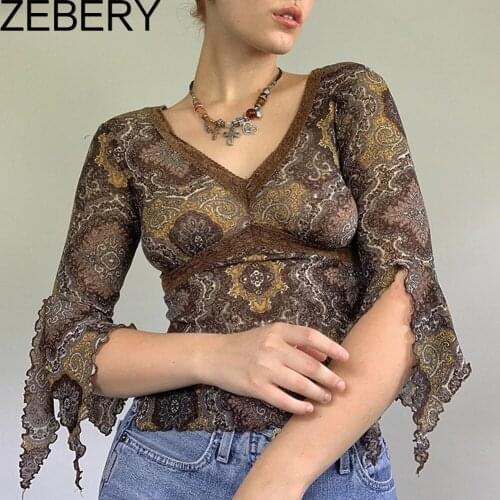 ZEBERY Summer Fashion Vintage Lace Mesh Tops Floral Print Y2K T-Shirts Woman Half Flare Sleeve V Neck Elegant Brown Tee Shirts