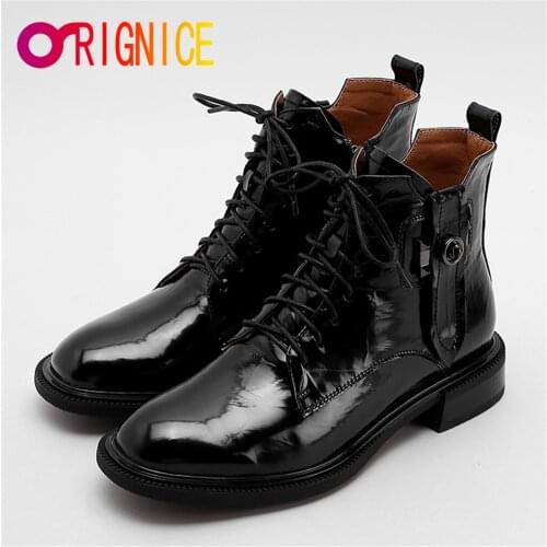 Orignice Classic Style Cow Leather Round Toe Lace-Up Ankle Boots Women Zipper Cross Tied Autumn Thick Sole Handmade Shoes Brown