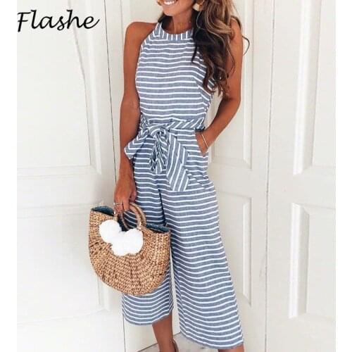 New Womens Fashion Spring And Summer Jumpsuit Waist Belt High Waist Wide Leg Jumpsuit Womens Casual Round Neck Stripe Jumpsuit