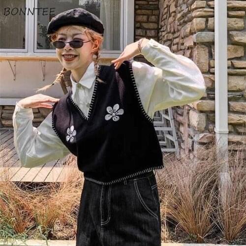 Sweater Vest Women Print Knitted V-neck Autumn Korean Style Loose Warm Design Streetwear Harajuku Cropped Retro Ladies Fashion