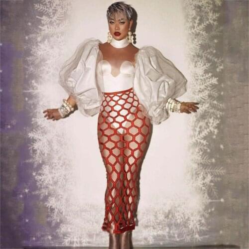 New Lantern Sleeve Patchwork White Bodysuit Red Mesh Long Skirt Birthday Prom Outfit Women Custom Made Dresses Stage Wear XS2511