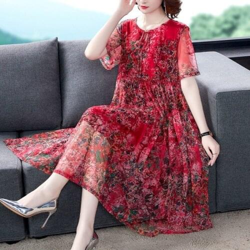 2021 New Summer Mesh Dress Female O-neck Short Sleeve Print A-line Women Dress Elegant Bodycon Vintage Party Vestidos X15