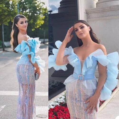 Sky Blue Mermaid Prom Dress Sexy Sequins Off Shouler Long Sleeve Ruffles Party Dresses African Black Girls Illusion Evening Gown