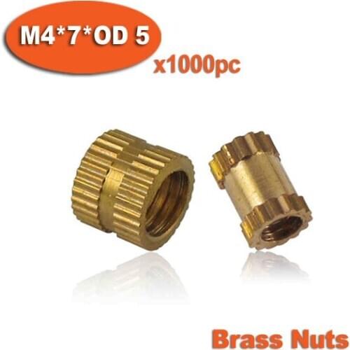 1000pcs M4 x 7mm x OD 5mm Injection Molding Brass Knurled Thread Inserts Nuts