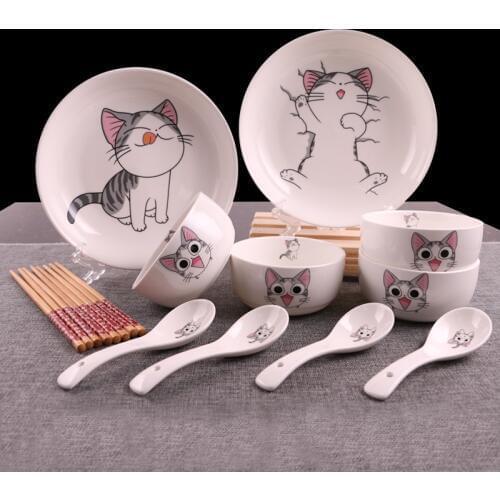 14 PCS Cute Cat Ceramics Dinnerware Bowl Dish Spoon Gift Set Kitchen Cooking Tools Household Tableware Porcelain Dinner Sets