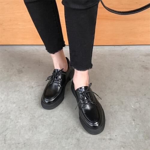 2021 Spring New Womens Pumps Split Leather Round Toe Lace-Up Flat Shoes Full Leather Soft Sole Shoes Bright Black/Black Matte