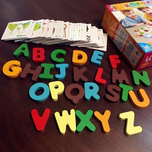 26Pcs Wooden Alphabet Letters Animal Match Puzzles Cards Preshcool Learning Toy