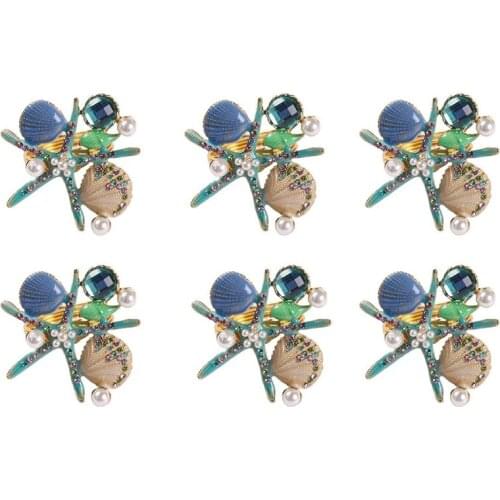 6 Pcs Starfish Napkin Rings,Pearl Rhinestone Ocean Coastal Nautical Napkin Ring Holders Napkin Buckle for Party