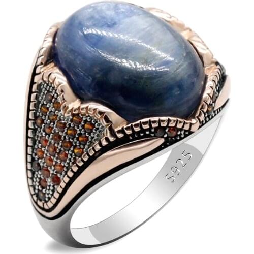 925 Silver Mens Rose Gold Natural Kyanite Retro Handmade Turkish Trend Rock Jewelry Christmas Gift Ring